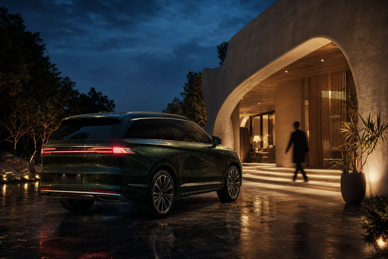 A premium vehicle arriving at a contemporary boutique destination