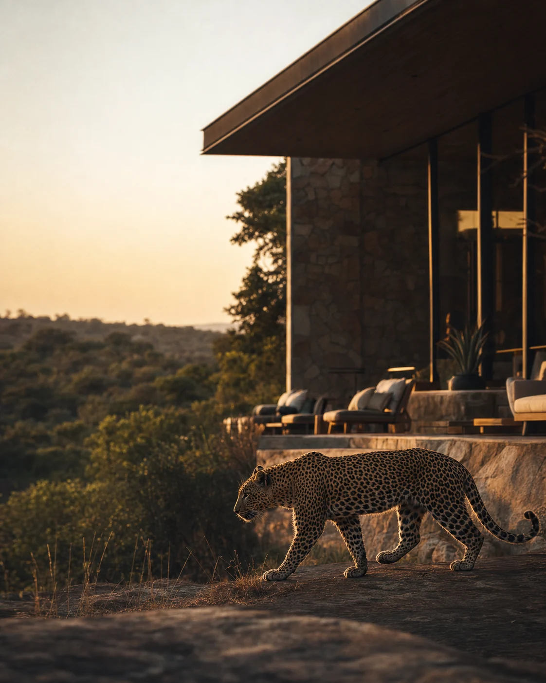 A leopard passing a contemporary safari lodge at golden hour