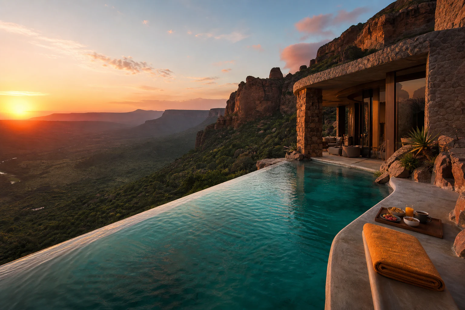 A clifftop boutique lodge infinity pool at sunrise