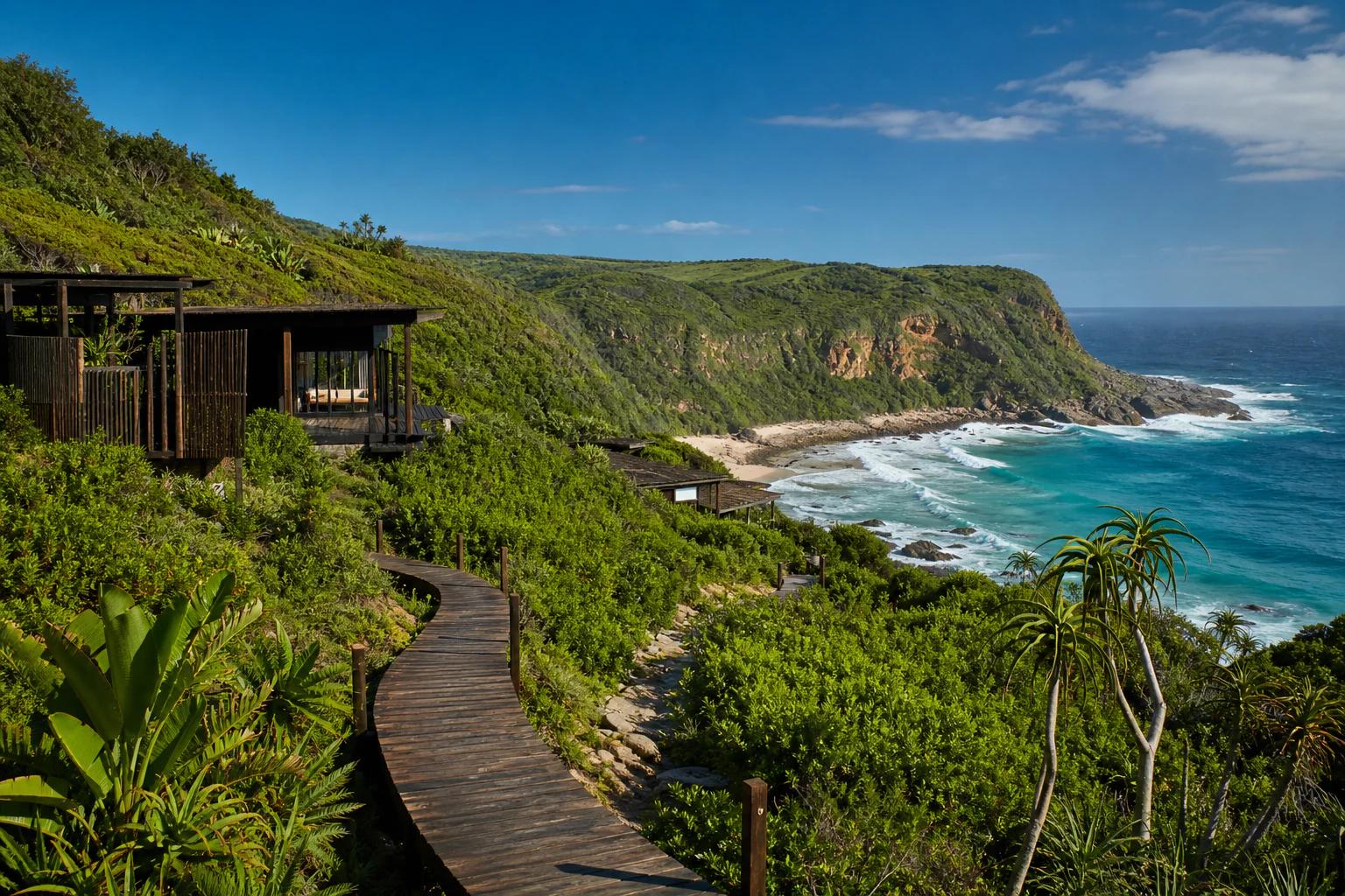 A secluded coastal retreat above a turquoise ocean cove