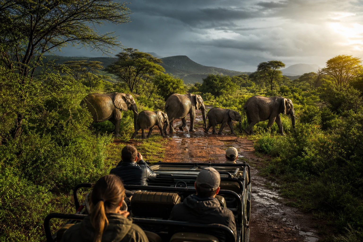 A safari vehicle waiting while elephants cross a reserve track