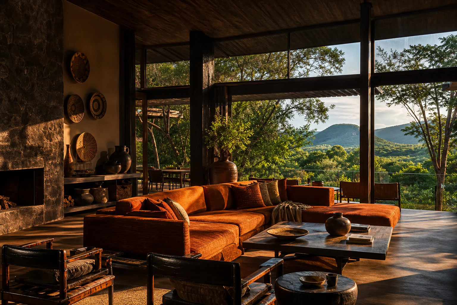 A vibrant contemporary lodge interior overlooking green wilderness