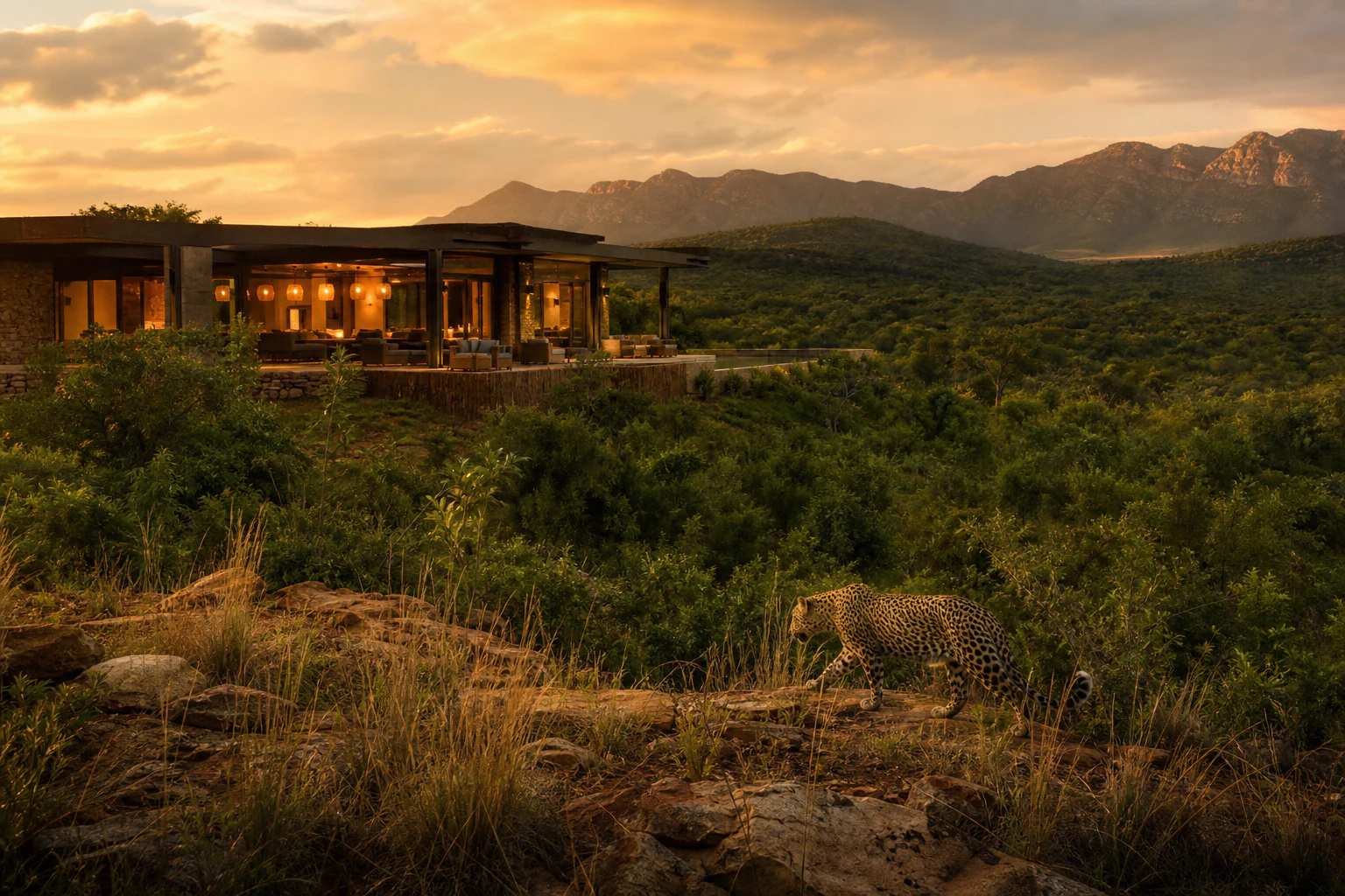Leopard walking beside a contemporary safari lodge