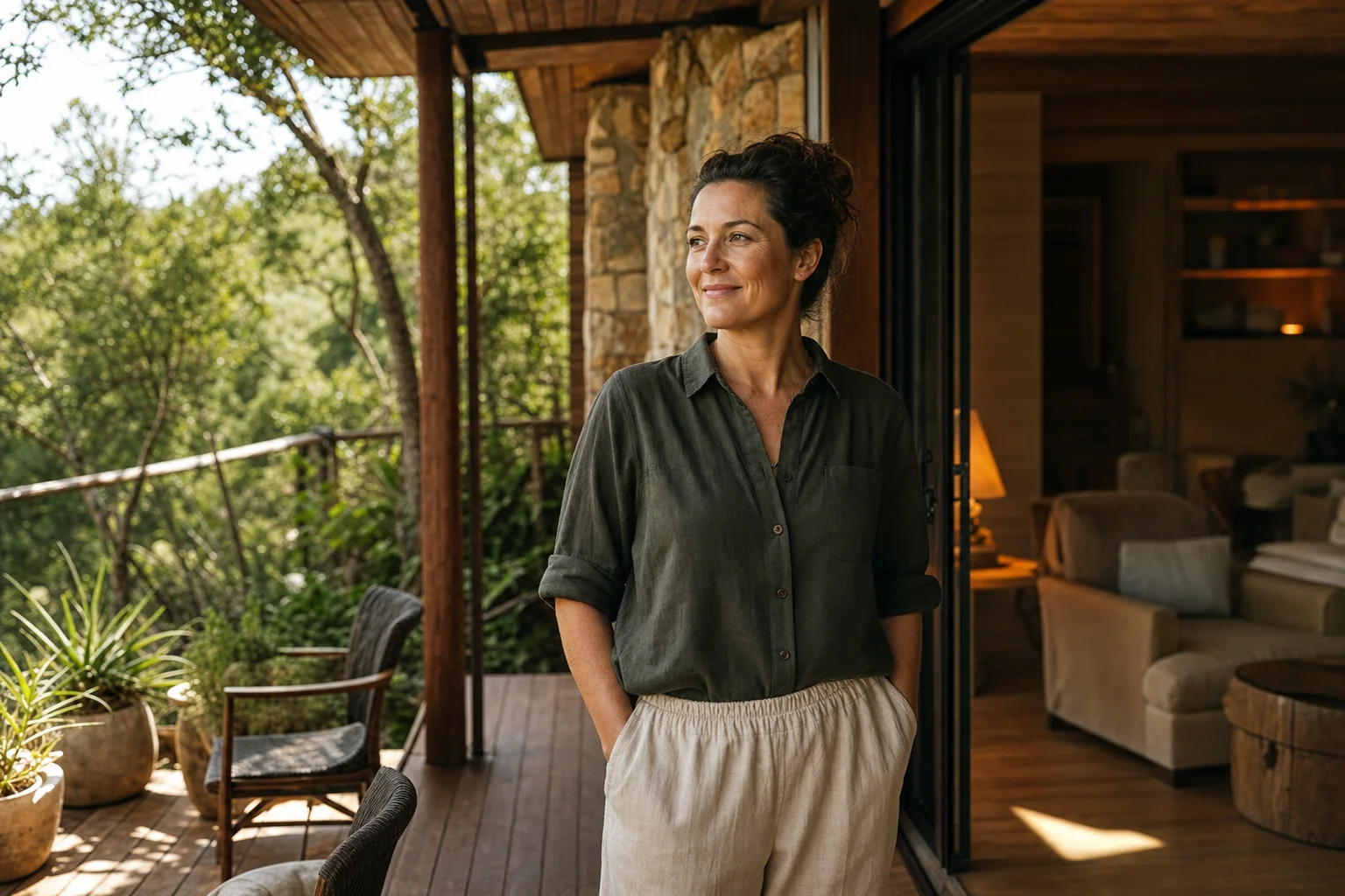 Boutique lodge owner standing on a warm timber veranda